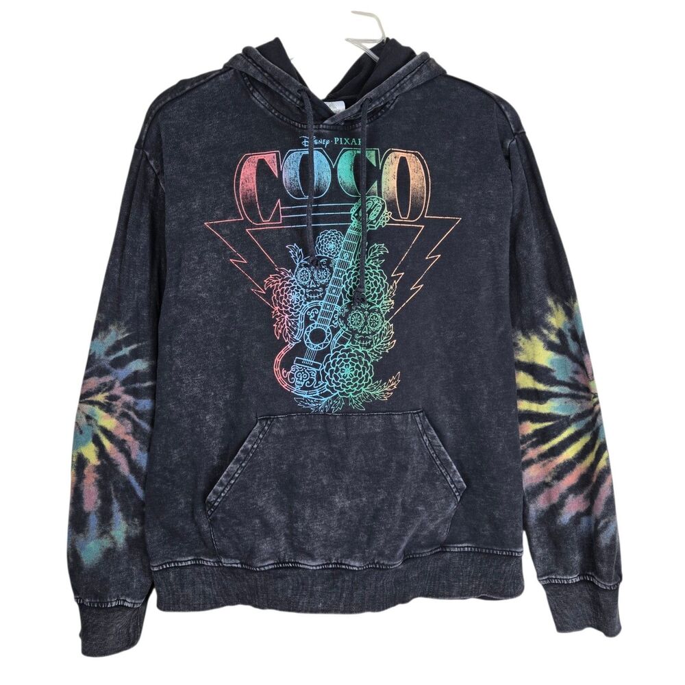 Disney Parks Pixar Coco Hoodie Unisex M Black Tie Dye Acid Wash Pullover Guitar